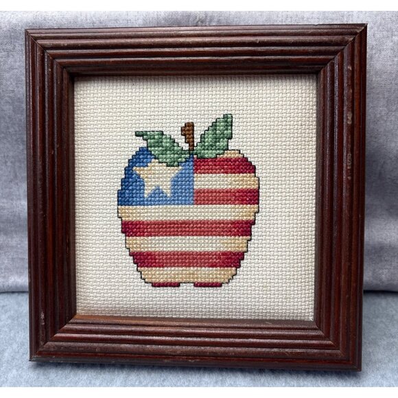 Patriotic Apple Cross Stitch Wall Decor Framed Wood 6"x6" Handmade Rustic Americ - Picture 11 of 14